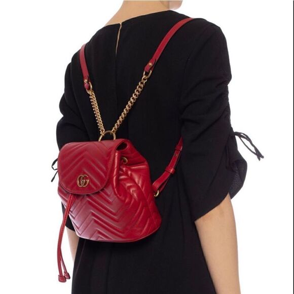 Gucci Marmont Metallasse Quilted Chevron Leather Drawstring Backpack Mini GG Red - Picture 2 of 16